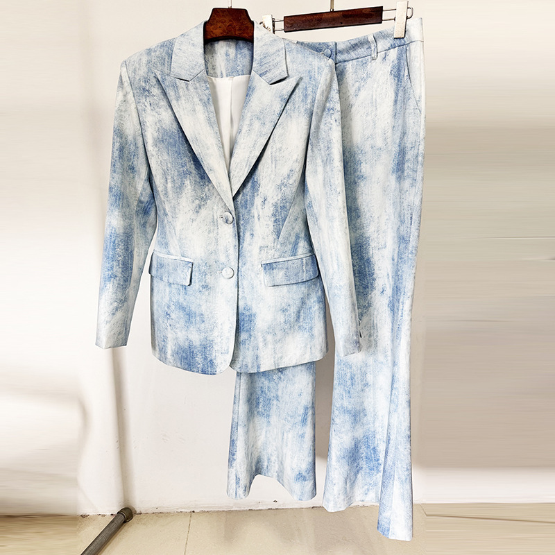 Tie dye long coat slim printing business suit 2pcs set