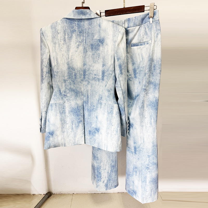 Tie dye long coat slim printing business suit 2pcs set