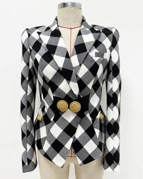 Black-white plaid spring jacket slim big metal buckles coat