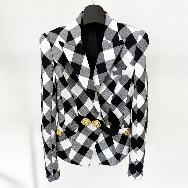 Black-white plaid spring jacket slim big metal buckles coat