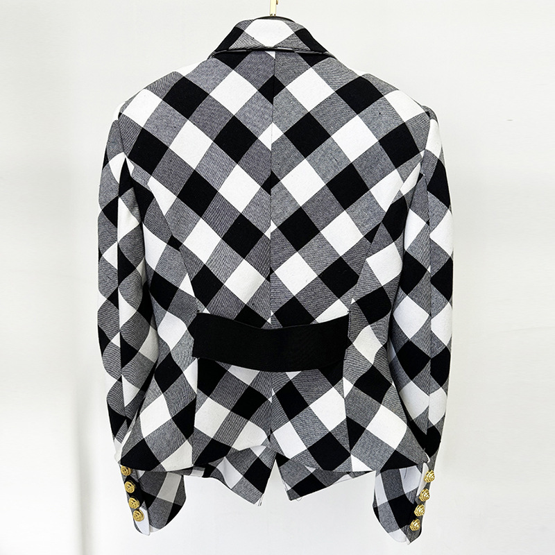 Black-white plaid spring jacket slim big metal buckles coat