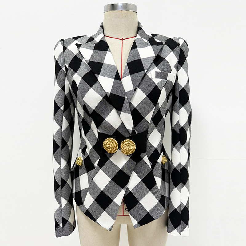 Black-white plaid spring jacket slim big metal buckles coat