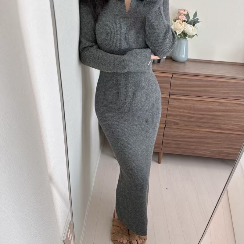 Korean style fashion spring long sleeve knitted dress