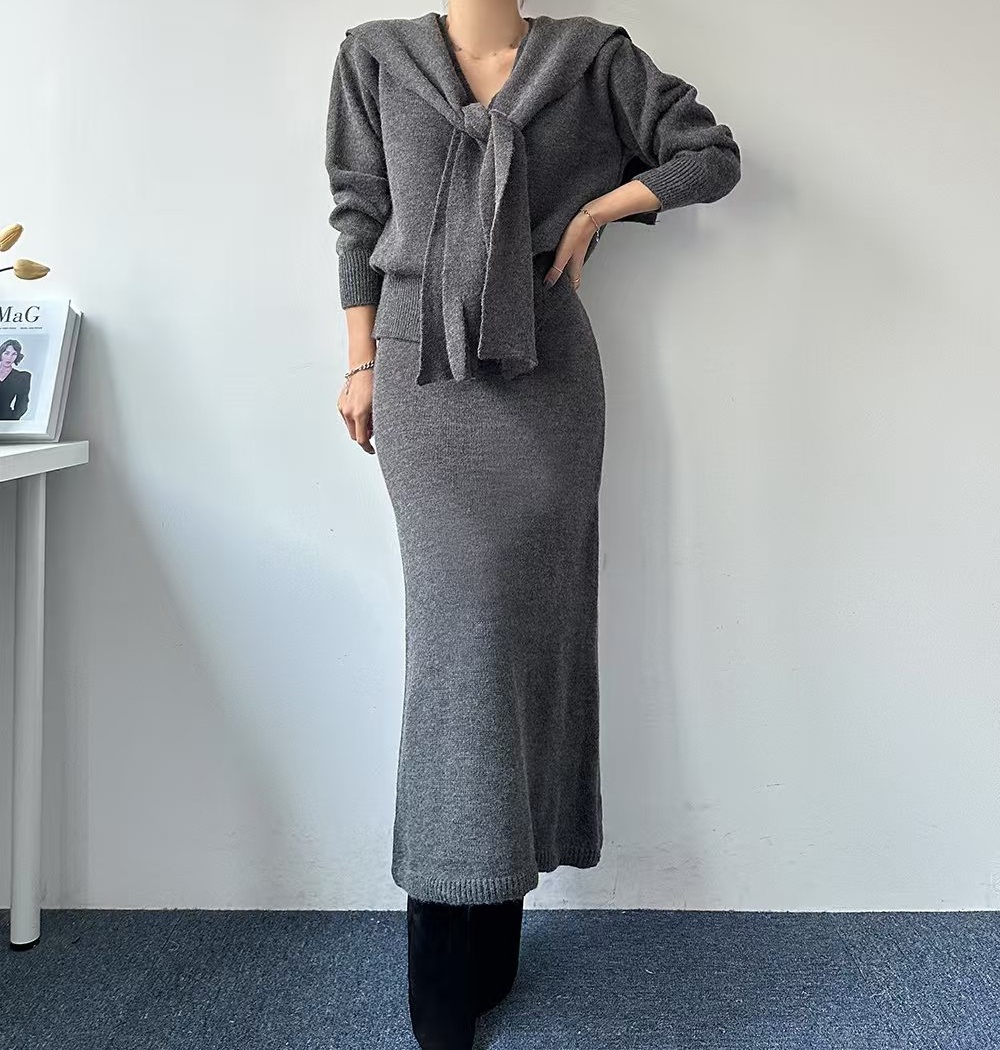 Long sleeve temperament A-line package hip skirt a set