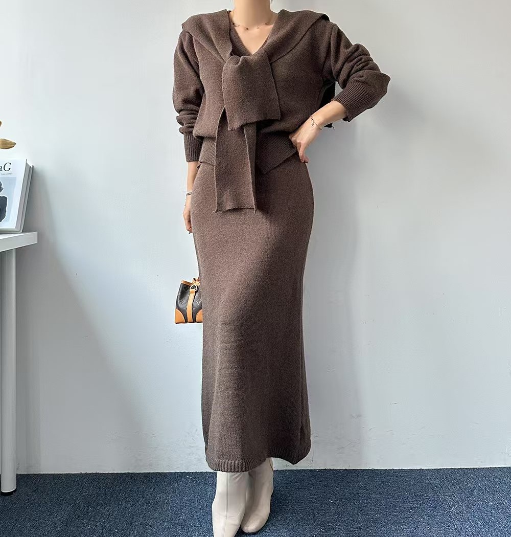 Long sleeve temperament A-line package hip skirt a set