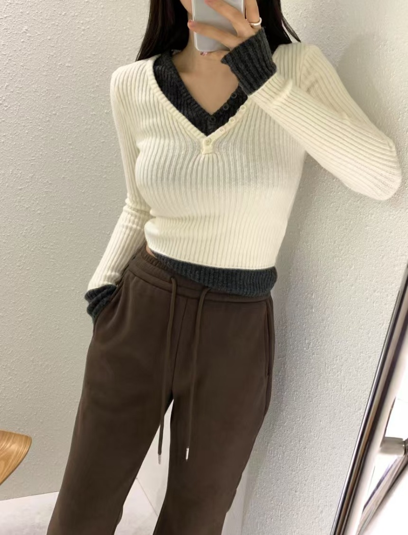 Slim Korean style temperament Pseudo-two V-neck sweater