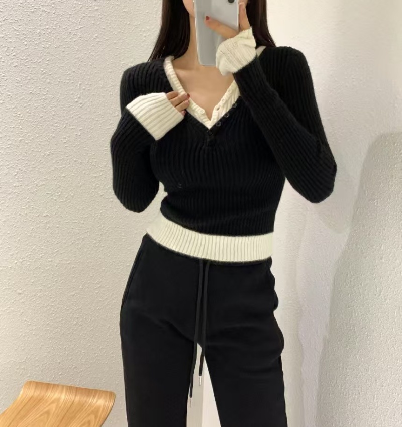 Slim Korean style temperament Pseudo-two V-neck sweater