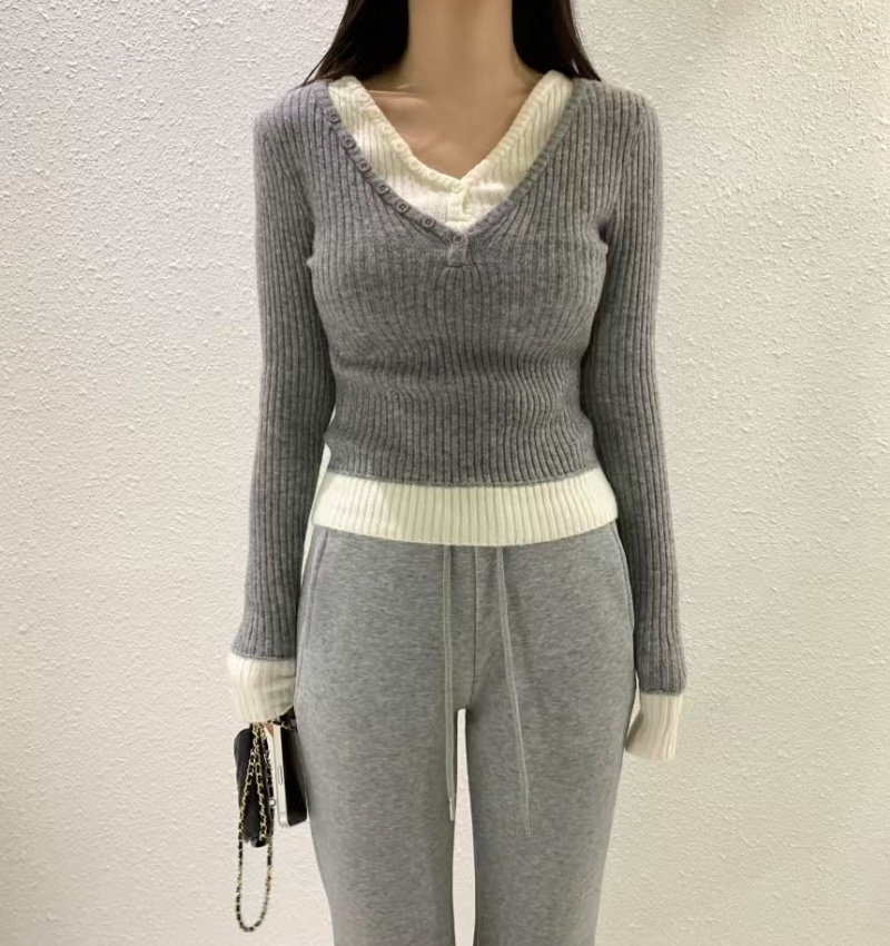 Slim Korean style temperament Pseudo-two V-neck sweater