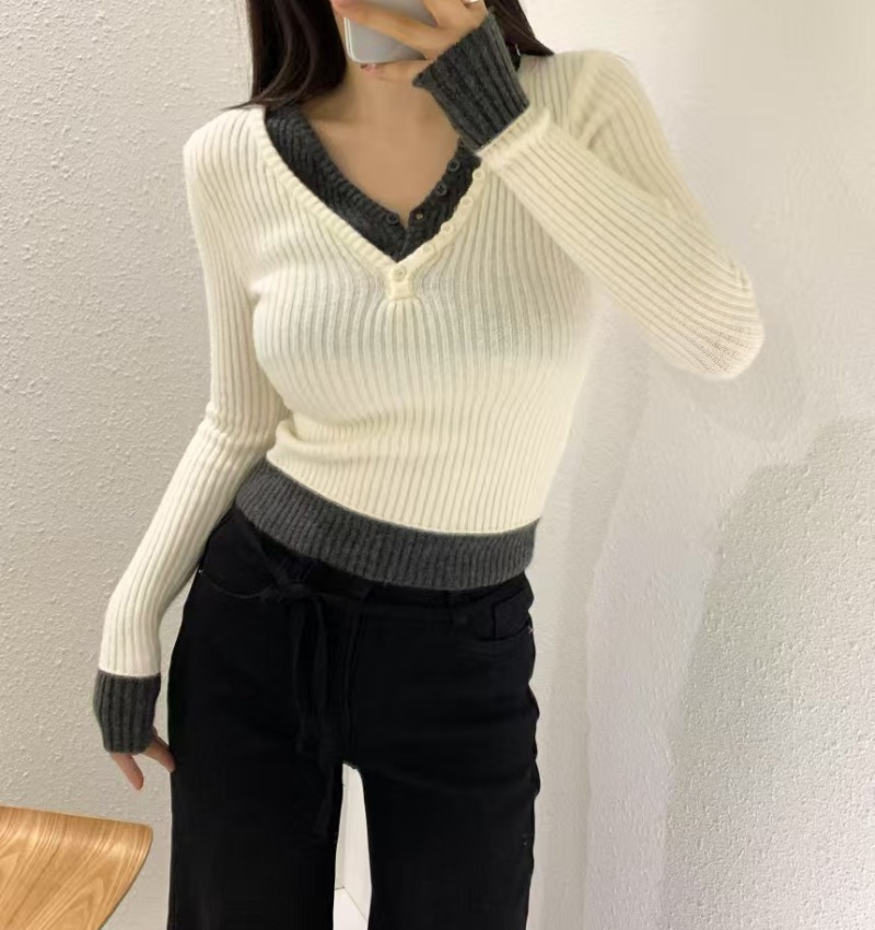 Slim Korean style temperament Pseudo-two V-neck sweater