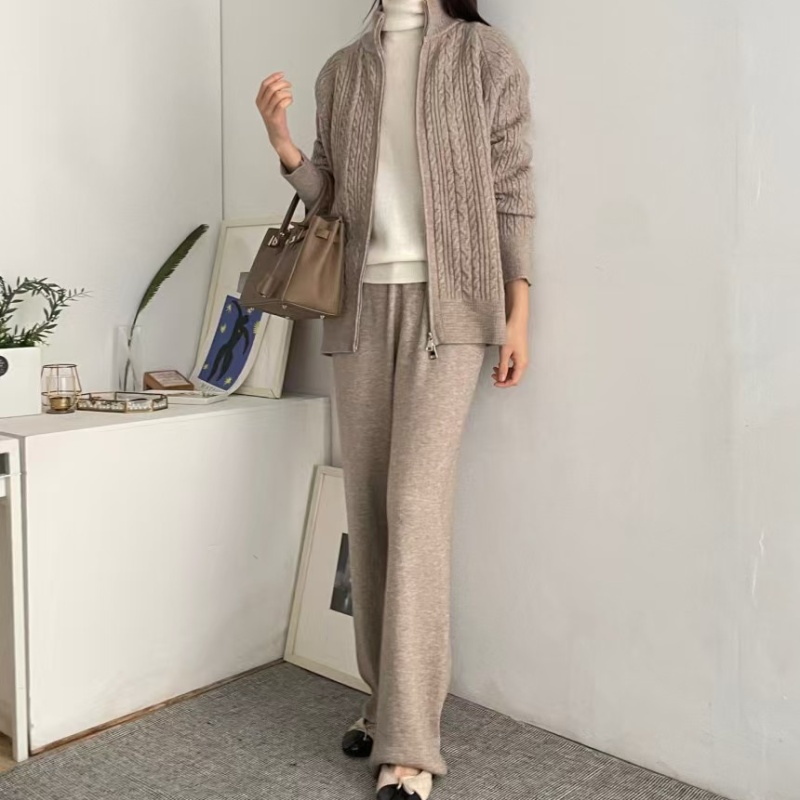 Lazy high waist pants knitted twist long pants a set