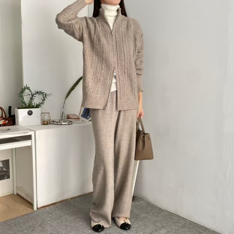 Lazy high waist pants knitted twist long pants a set