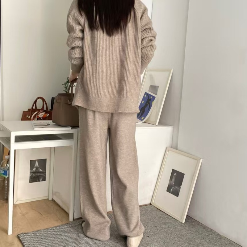 Lazy high waist pants knitted twist long pants a set