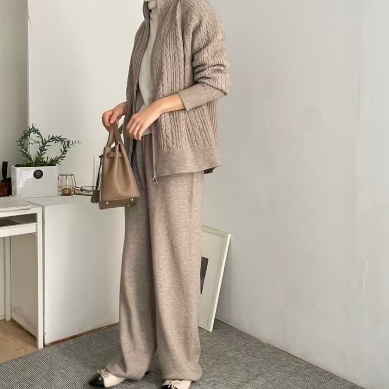 Lazy high waist pants knitted twist long pants a set