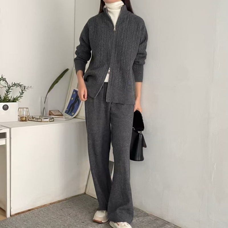 Lazy high waist pants knitted twist long pants a set