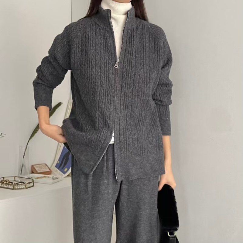 Lazy high waist pants knitted twist long pants a set