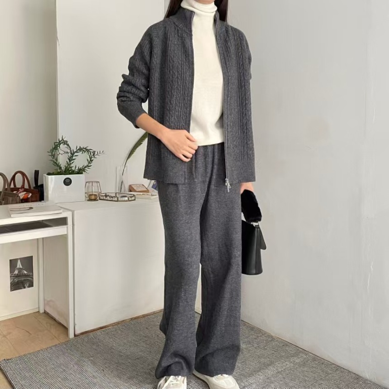 Lazy high waist pants knitted twist long pants a set