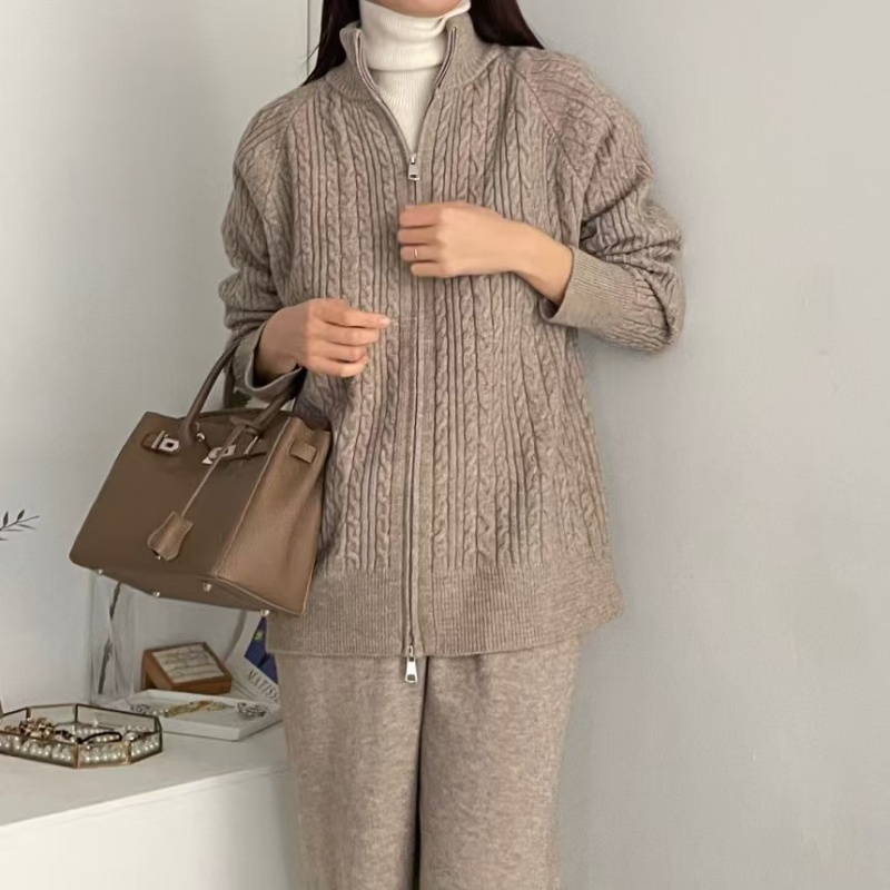 Lazy high waist pants knitted twist long pants a set