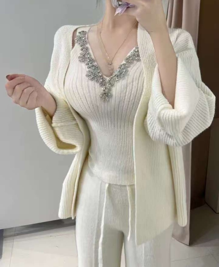 Korean style long sleeve coat sling sweater 2pcs set