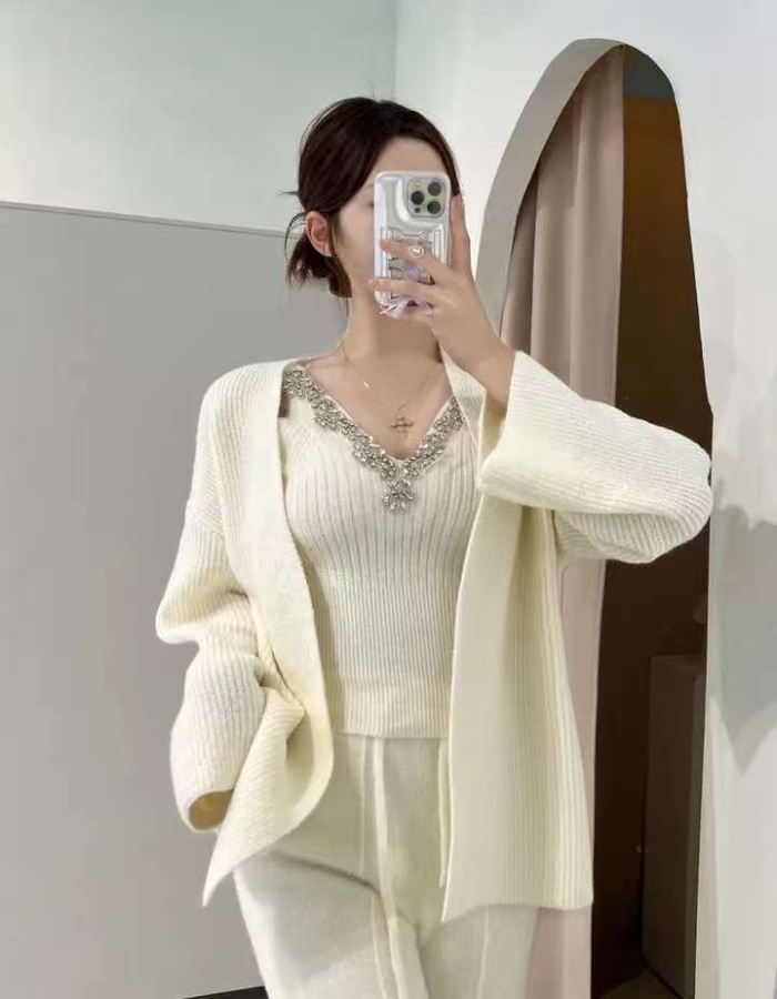 Korean style long sleeve coat sling sweater 2pcs set