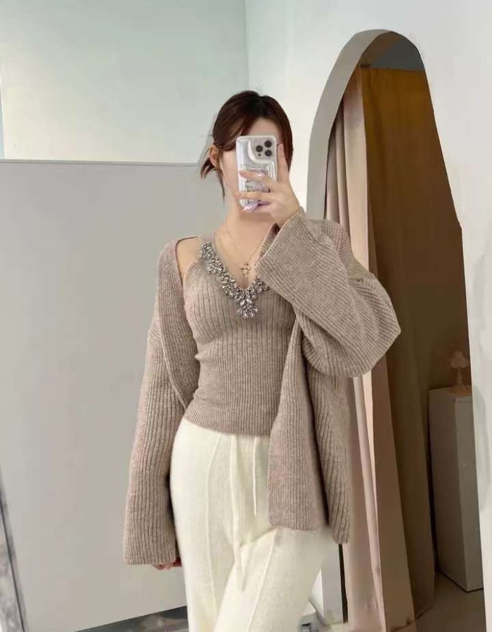 Korean style long sleeve coat sling sweater 2pcs set