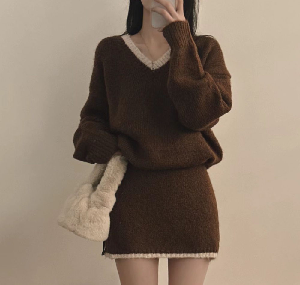 Retro high waist sweater show young short skirt 2pcs set