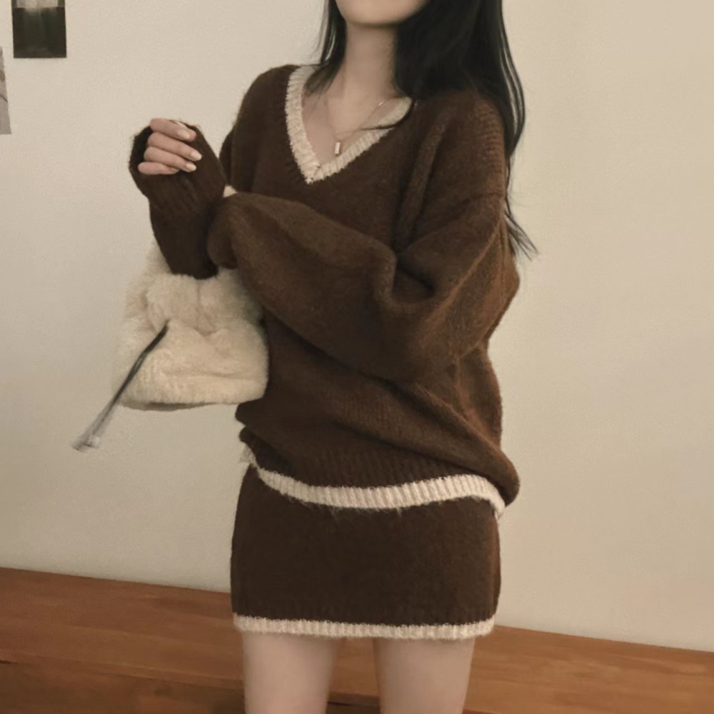 Retro high waist sweater show young short skirt 2pcs set