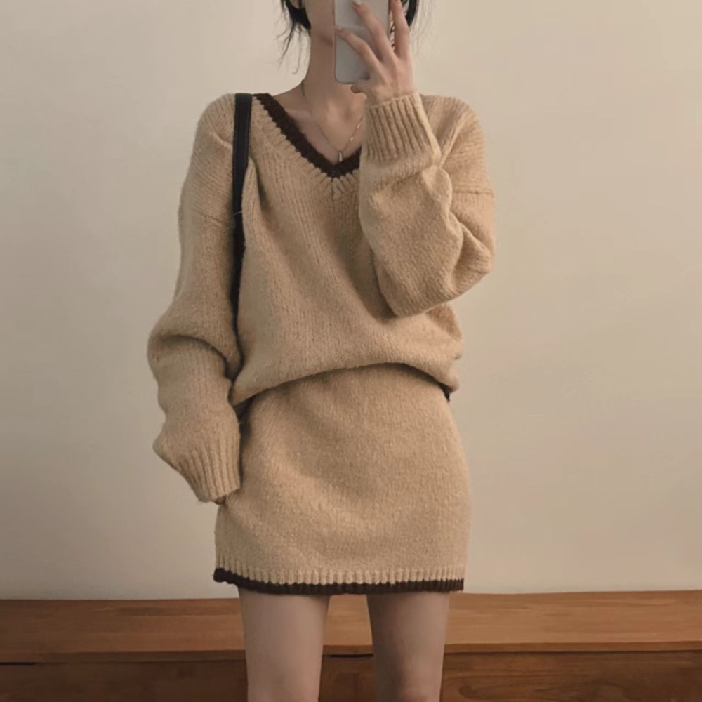 Retro high waist sweater show young short skirt 2pcs set