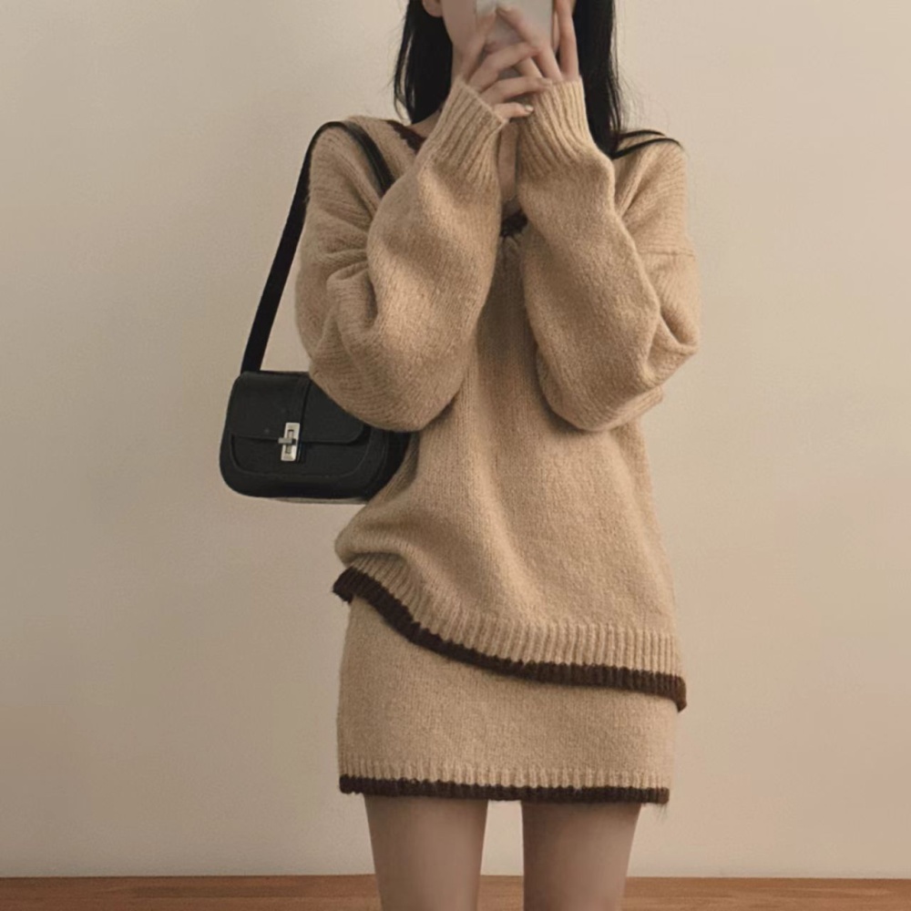 Retro high waist sweater show young short skirt 2pcs set