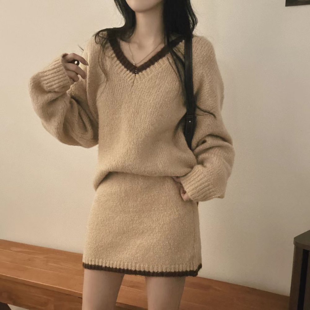 Retro high waist sweater show young short skirt 2pcs set