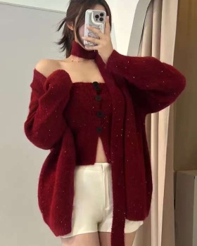 Glitter lazy tops knitted red sweater 2pcs set