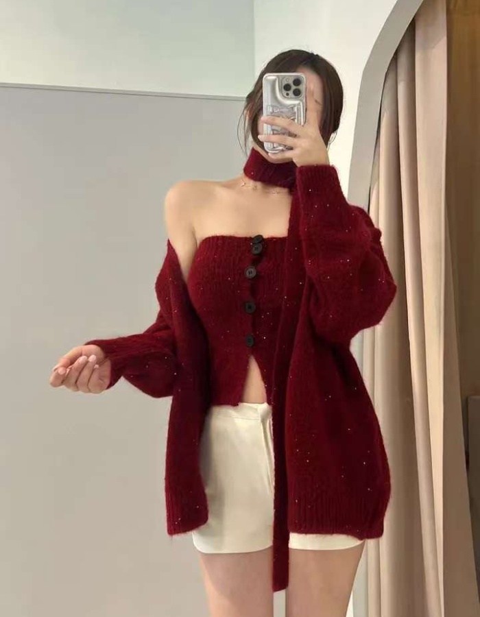 Glitter lazy tops knitted red sweater 2pcs set