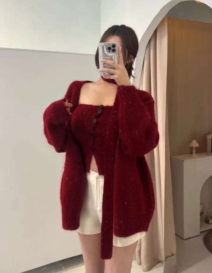 Glitter lazy tops knitted red sweater 2pcs set