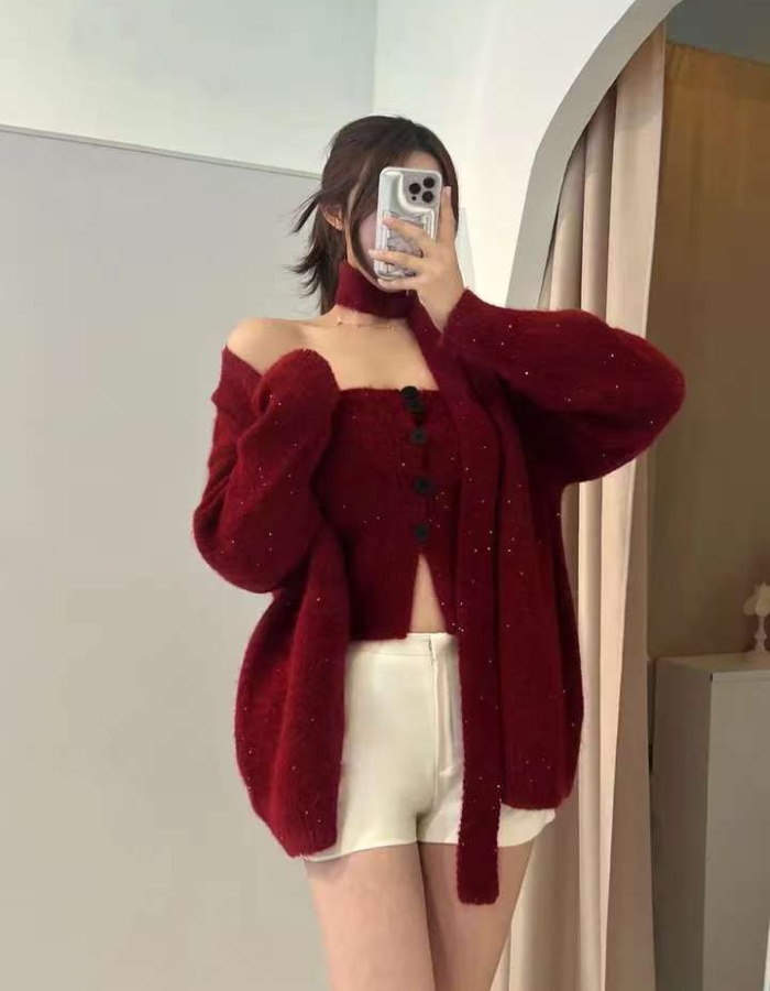 Glitter lazy tops knitted red sweater 2pcs set