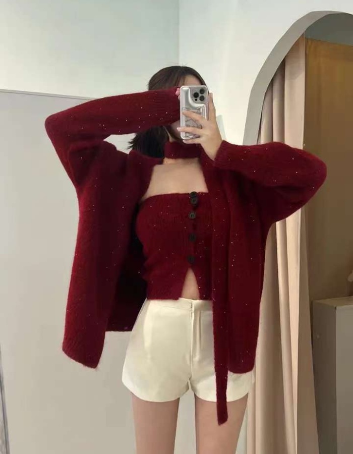 Glitter lazy tops knitted red sweater 2pcs set