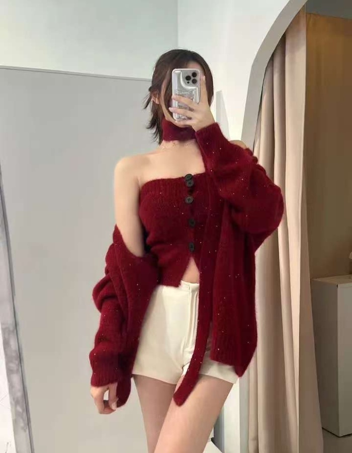 Glitter lazy tops knitted red sweater 2pcs set