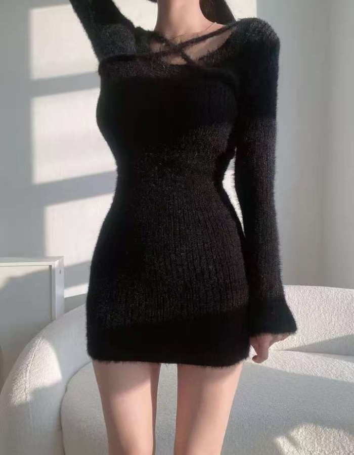 Cross knitted Korean style package hip spring dress