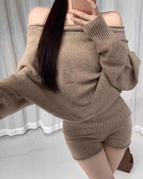 Korean style strapless horizontal collar sweater a set