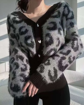 Buckle Korean style heart knitted leopard spring cardigan