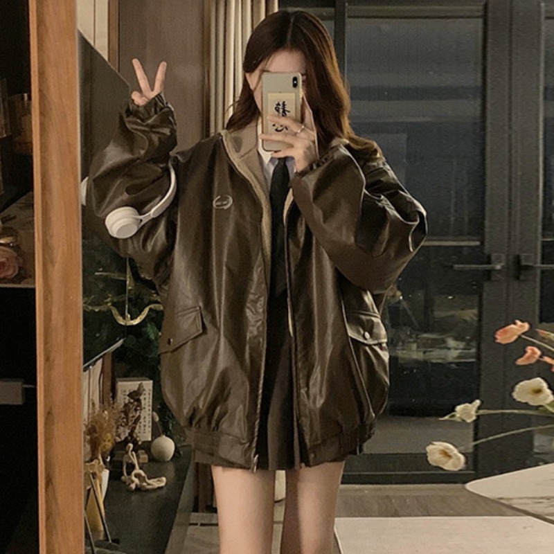 Wear American style coat thick leather coat for women