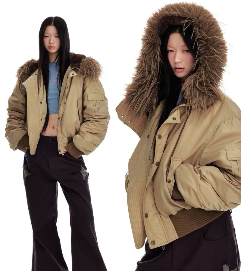 Thermal thick street down coat retro fur collar hooded jacket