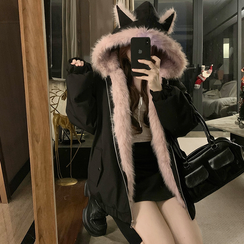 Loose cat thick coat wear ear cotton coat for women