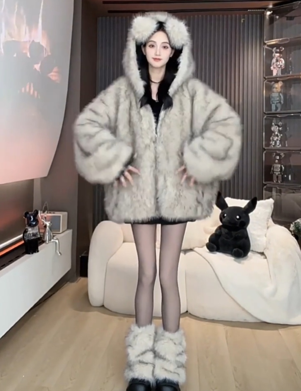 Hooded winter wear loose fashion hairy black coat