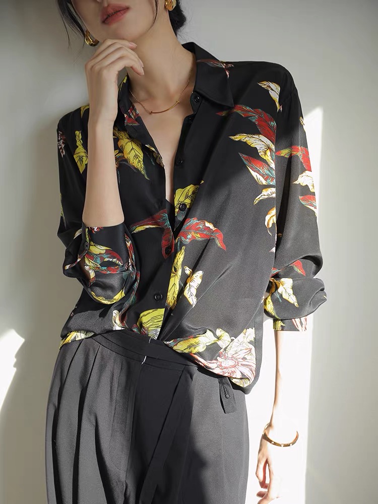 Bottoming temperament tops silk printing shirt for women