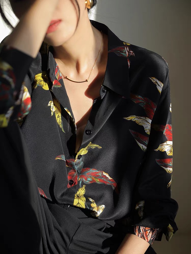 Bottoming temperament tops silk printing shirt for women