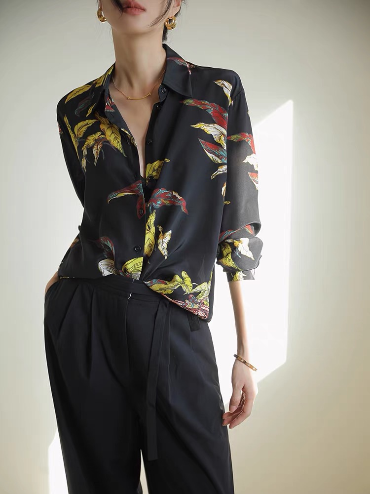 Bottoming temperament tops silk printing shirt for women