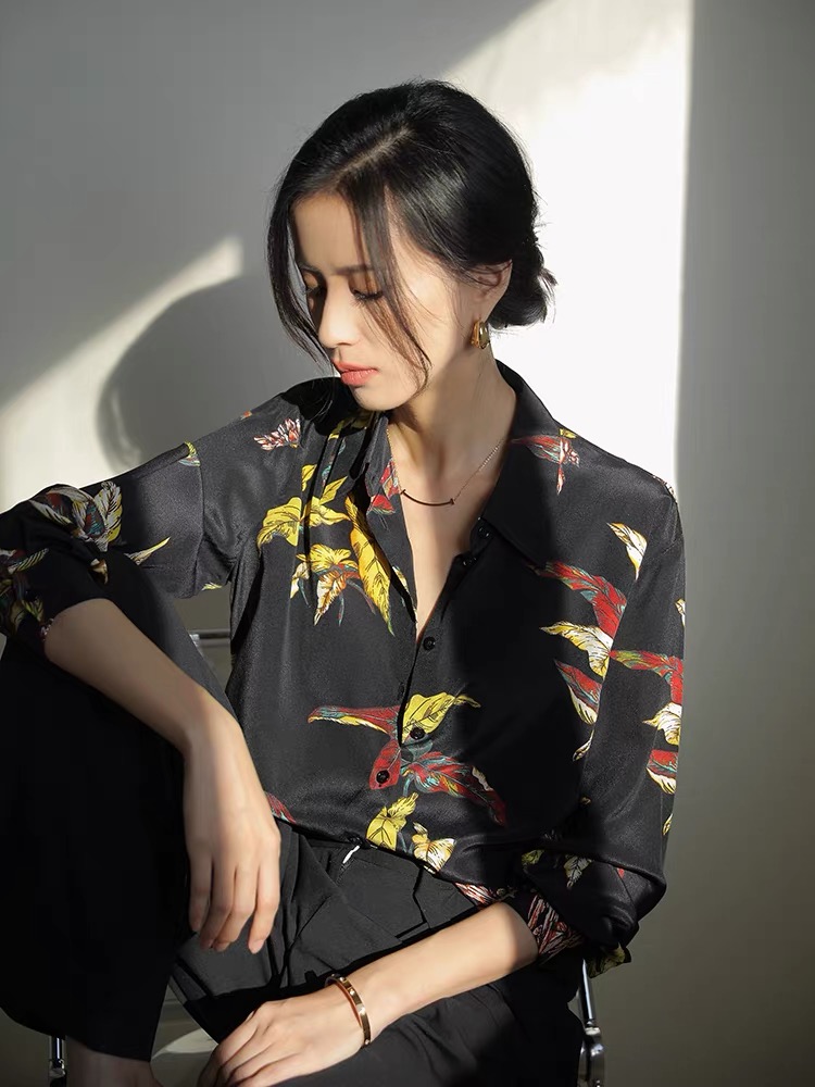 Bottoming temperament tops silk printing shirt for women