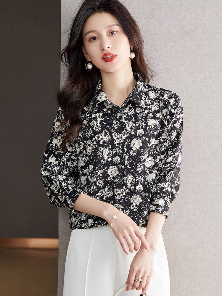 Loose long sleeve shirt chiffon black tops for women