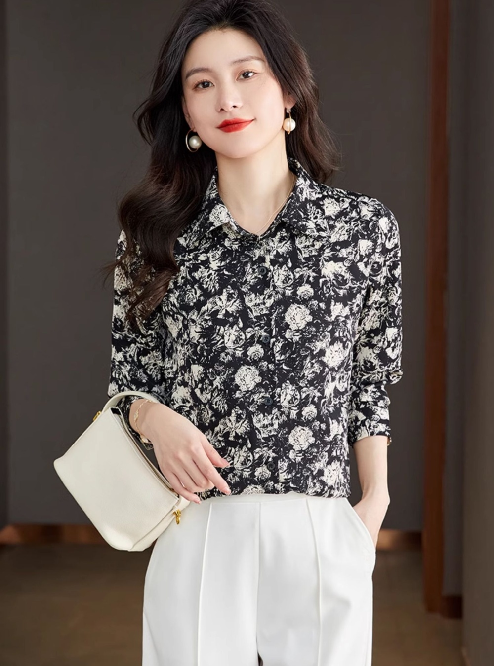 Loose long sleeve shirt chiffon black tops for women