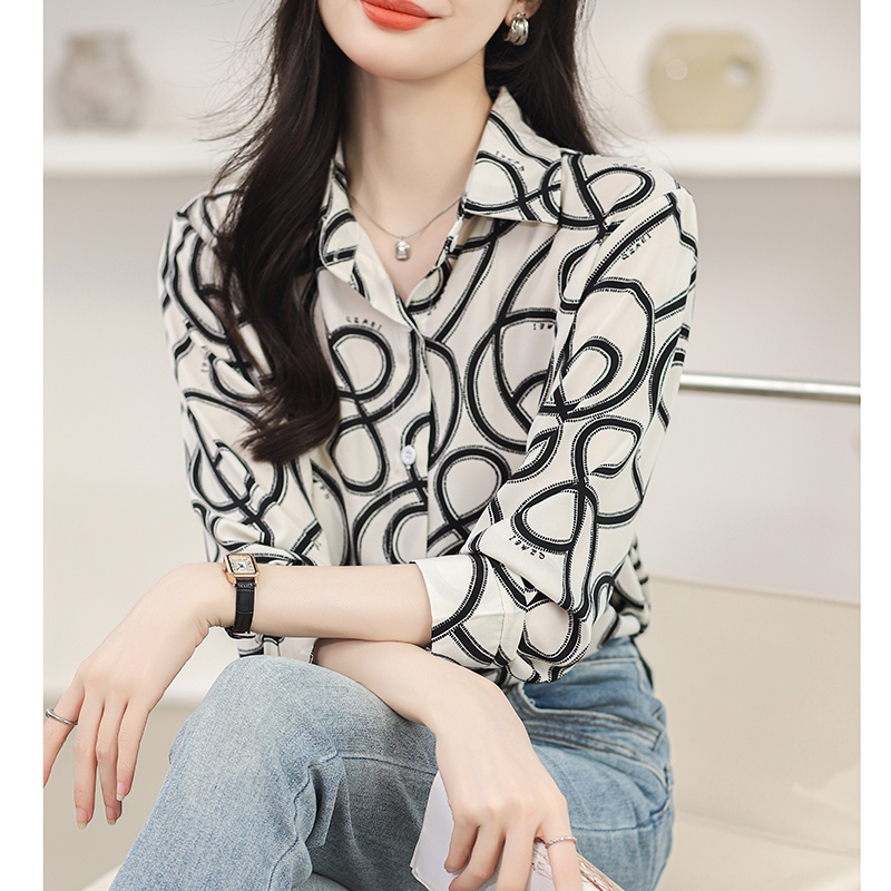 Chiffon long sleeve printing tops lapel pattern shirt