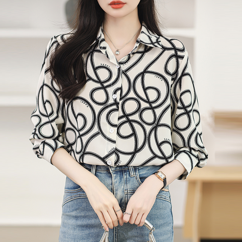 Chiffon long sleeve printing tops lapel pattern shirt